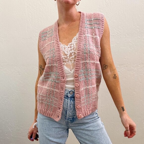 Vintage Pastel Pink Green Plaid Knit Button Up Sweater Vest - Picture 3 of 7